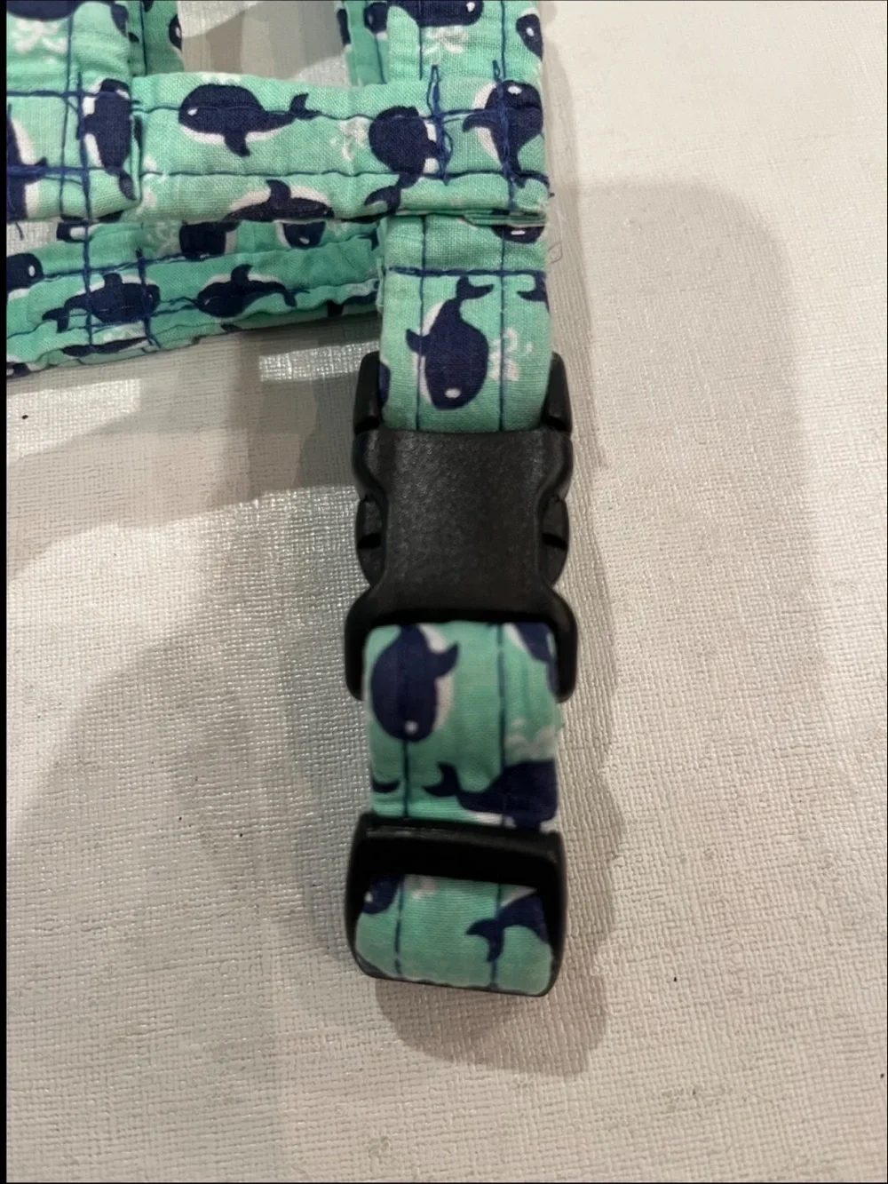 Handmade mint and navy blue Whale Print Adjustable Harness. Size Small